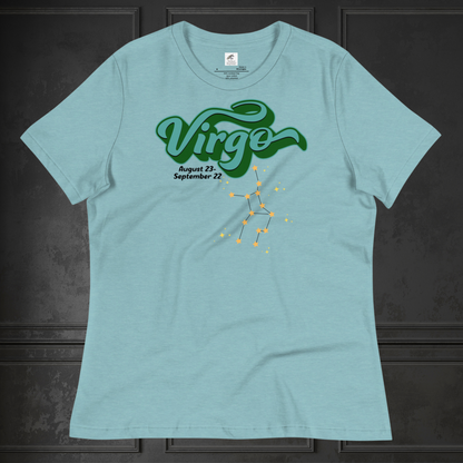 Front view of flat Heather blue lagoon women's Virgo Tee. This astrology Virgo T-Shirt has the word Virgo in large turquoise script shadowed in deep green for a 3-D effect. Below this it Says August 23-September 22. Under Virgo is the zodiac star constellation with yellow stars connected by a black line and lighter yellow smaller stars surrounding this. The perfect August or September Birthday Gift for Her or yourself.