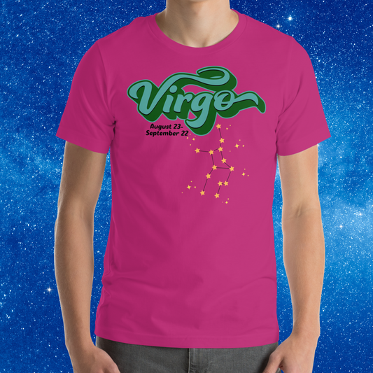 Front view of model wearing berry men's Virgo Tee. This astrology Virgo T-Shirt has the word Virgo in large turquoise script shadowed in deep green for a 3-D effect. Below this it Says August 23-September 22. Under Virgo is the zodiac star constellation with yellow stars connected by a black line and lighter yellow smaller stars surrounding this. The perfect August or September Birthday Gift for him or yourself.