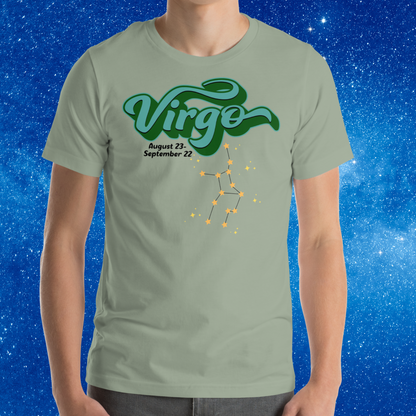 Front view of model wearing sage men's Virgo Tee. This astrology Virgo T-Shirt has the word Virgo in large turquoise script shadowed in deep green for a 3-D effect. Below this it Says August 23-September 22. Under Virgo is the zodiac star constellation with yellow stars connected by a black line and lighter yellow smaller stars surrounding this. The perfect August or September Birthday Gift for him or yourself.