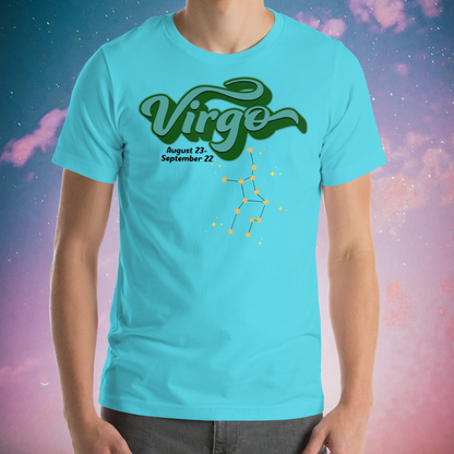 Front view of model wearing turquoise men's Virgo Tee. This astrology Virgo T-Shirt has the word Virgo in large turquoise script shadowed in deep green for a 3-D effect. Below this it Says August 23-September 22. Under Virgo is the zodiac star constellation with yellow stars connected by a black line and lighter yellow smaller stars surrounding this. The perfect August or September Birthday Gift for him or yourself.