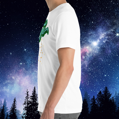 Left side view of model wearing white men's Virgo Tee. This astrology Virgo T-Shirt has the word Virgo in large turquoise script shadowed in deep green for a 3-D effect. Below this it Says August 23-September 22. Under Virgo is the zodiac star constellation with yellow stars connected by a black line and lighter yellow smaller stars surrounding this. The perfect August or September Birthday Gift for him or yourself.