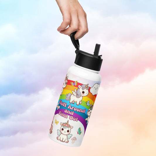 Fluff Around and Find Out Stainless Steel Water Bottle held by the handle from the fingers of a hand.