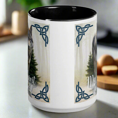 Wolf My Spirit Animal Ceramic Coffee Mug. Handle to the back with a black interior. A grey wolf gazes at you from the forest bordered in Celtic knots. Timber Wolf Shamanic Totem Animal, Mythical Accessories Emporium.