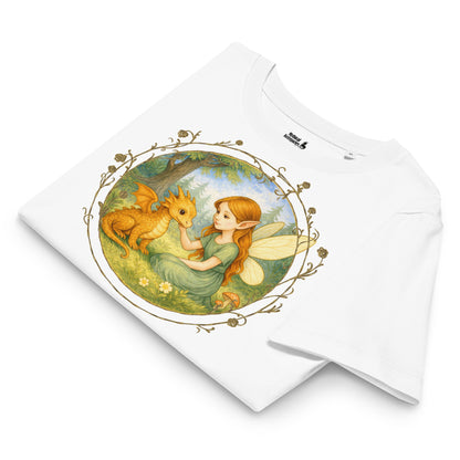 White folded t-shirt with a fantasy graphic. Circle shaped graphic is framed in gold rose vines. A fairy kneels in a forest meadow petting a reddish baby dragon. Fairy is wearing a long green dress and has auburn hair. Insect like wings. 