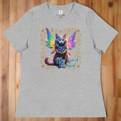 My Spirit Animal Fairy Cat Women's Graphic T-Shirt. Flat Front view in Athletic Heather, Rainbow Fairy Cat wings spread behind her in various colors. Gold frame of magic symbols surround the fae cat. Text My Spirit Animal left side in blue.