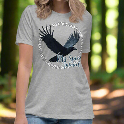 My Spirit Animal Raven Crow women's Graphic T-Shirt, Front View (grey) athletic heather Tee, Raven wings spread in a Celtic Knot circle above My Spirit Animal, Mythical Accessories Emporium