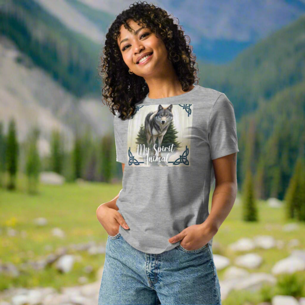 Wolf My Spirit Animal Women's T-Shirt. Front view in athletic heather (grey). A grey wolf gazes at you from the forest bordered in Celtic knots. Timber Wolf Graphic Tee Shamanic Totem Animal, Mythical Accessories Emporium.