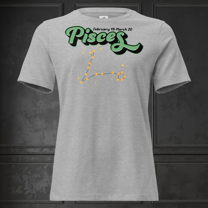 Front view athletic heather (grey) women's Pisces Tee not on model. you can see the inside of the neckline and hems of the sleeves. This Astrology T-Shirt has the word Pisces in large minty green script shadowed in black for a 3-D effect. Above this it Says February 19-March 20. Under Pisces is the star constellation with yellow stars connected by a black line and yellow smaller stars surrounding this. The perfect February or March Birthday Gift for Her or yourself.