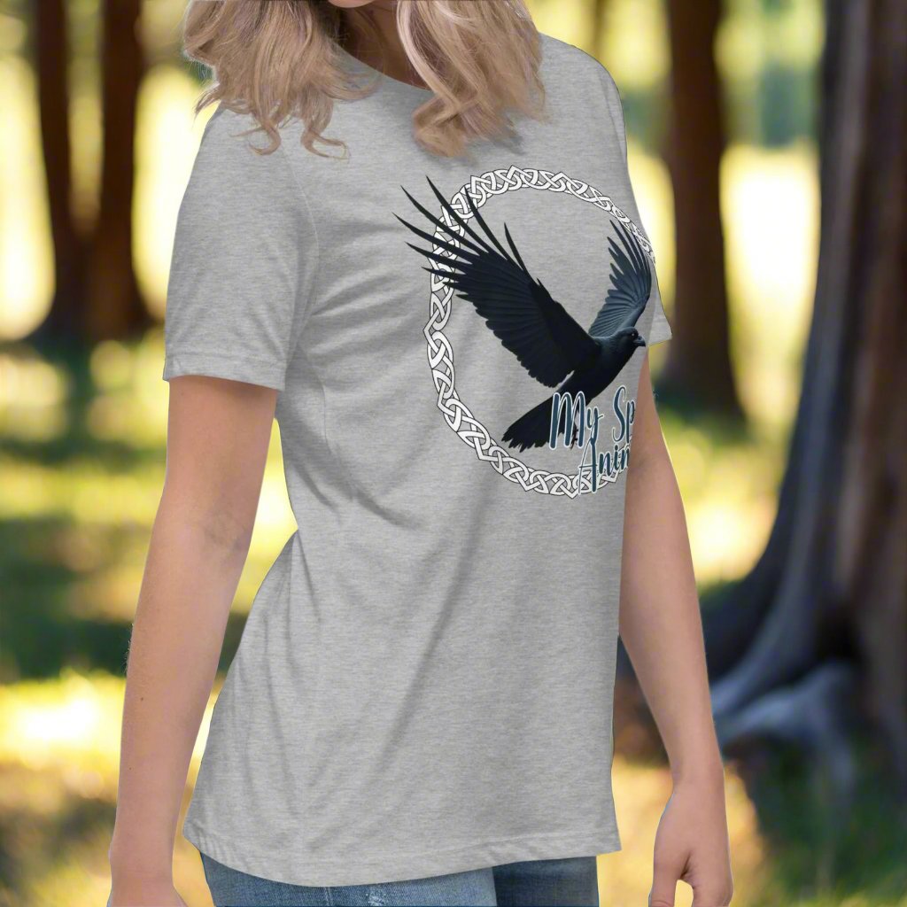 My Spirit Animal Raven Crow women's Graphic T-Shirt, right side View athletic heather Tee, Raven wings spread in a Celtic Knot circle above My Spirit Animal, Mythical Accessories Emporium