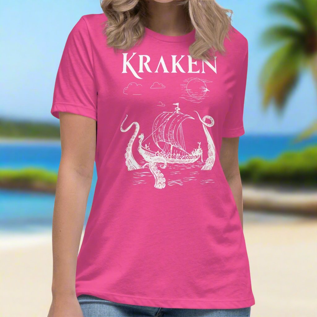 Berry Front View Women's T-Shirt. Kraken, night sky, Viking long ship surrounded by tentacles in the ocean. Viking Shirt.