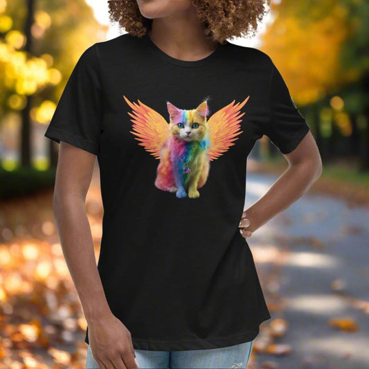 Black Front View Women's T-Shirt Rainbow Colored Tie Dye Cat with bright orange gold wings. Pop Art Cat, Fantasy Art, Fairycore Cat TShirt gifts for cat lover and cat mom shirt, whimsical fantasy magic rainbow fairy cat