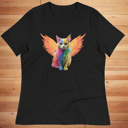 Black Front View Women's T-Shirt flat on a wooden surface, Rainbow Colored Tie Dye Cat with bright orange gold wings. Pop Art Cat, Fantasy Art, Fairycore Cat TShirt gifts for cat lover and cat mom shirt, whimsical fantasy magic rainbow fairy cat