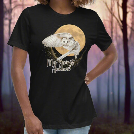 My spirit animal owl women's graphic t shirt, white owl flying against a harvest moon, front view black tee, mythical accessories emporium