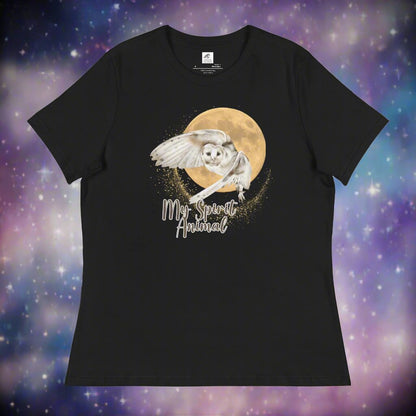 My spirit animal owl women's graphic t shirt, white owl flying against a harvest moon, front view flat black tee, mythical accessories emporium