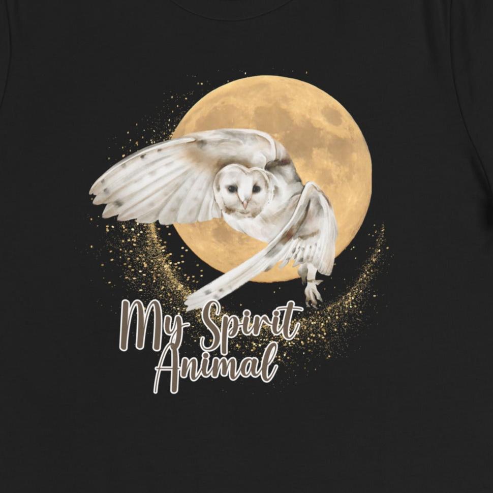 My spirit animal owl women's graphic t shirt, white owl flying against a harvest moon, front view up close of graphic black tee, mythical accessories emporium