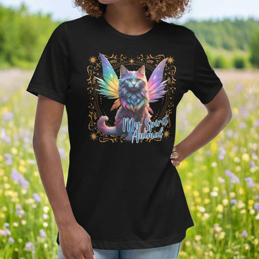 My Spirit Animal Fairy Cat Women's Graphic T-Shirt. Front view in black, Rainbow Fairy Cat wings spread behind her in various colors. Gold frame of magic symbols surround the fae cat. Text My Spirit Animal left side in blue.