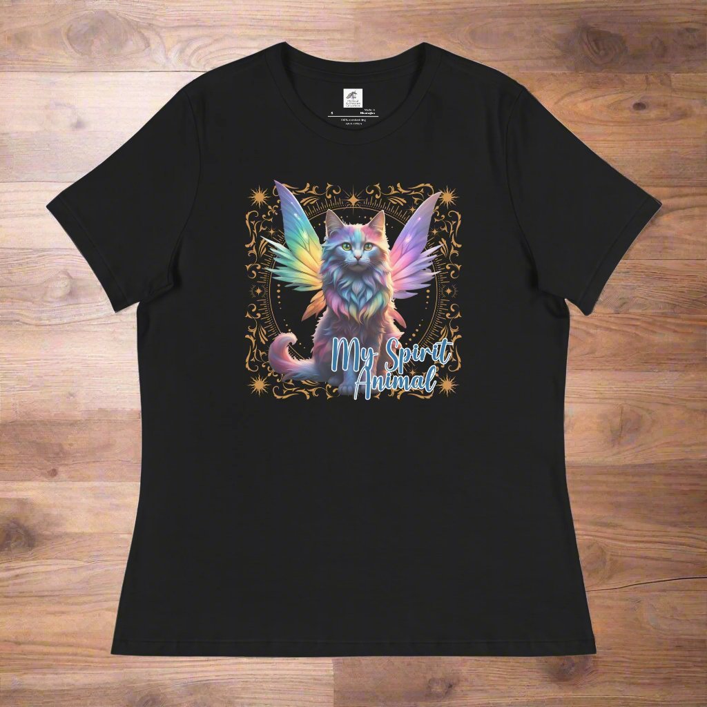 My Spirit Animal Fairy Cat Women's Graphic T-Shirt. Flat Front view in black, Rainbow Fairy Cat wings spread behind her in various colors. Gold frame of magic symbols surround the fae cat. Text My Spirit Animal left side in blue.