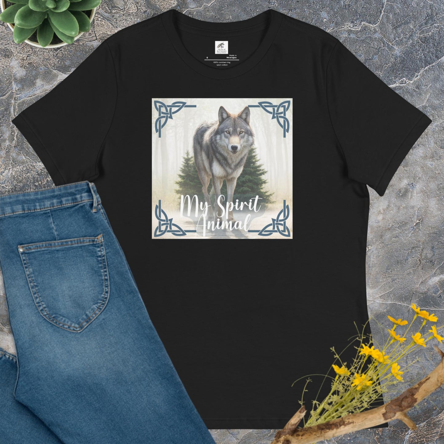 Wolf My Spirit Animal Women's T-Shirt. Front view flain black. A grey wolf gazes at you from the forest bordered in Celtic knots. Timber Wolf Graphic Tee Shamanic Totem Animal, Mythical Accessories Emporium. 