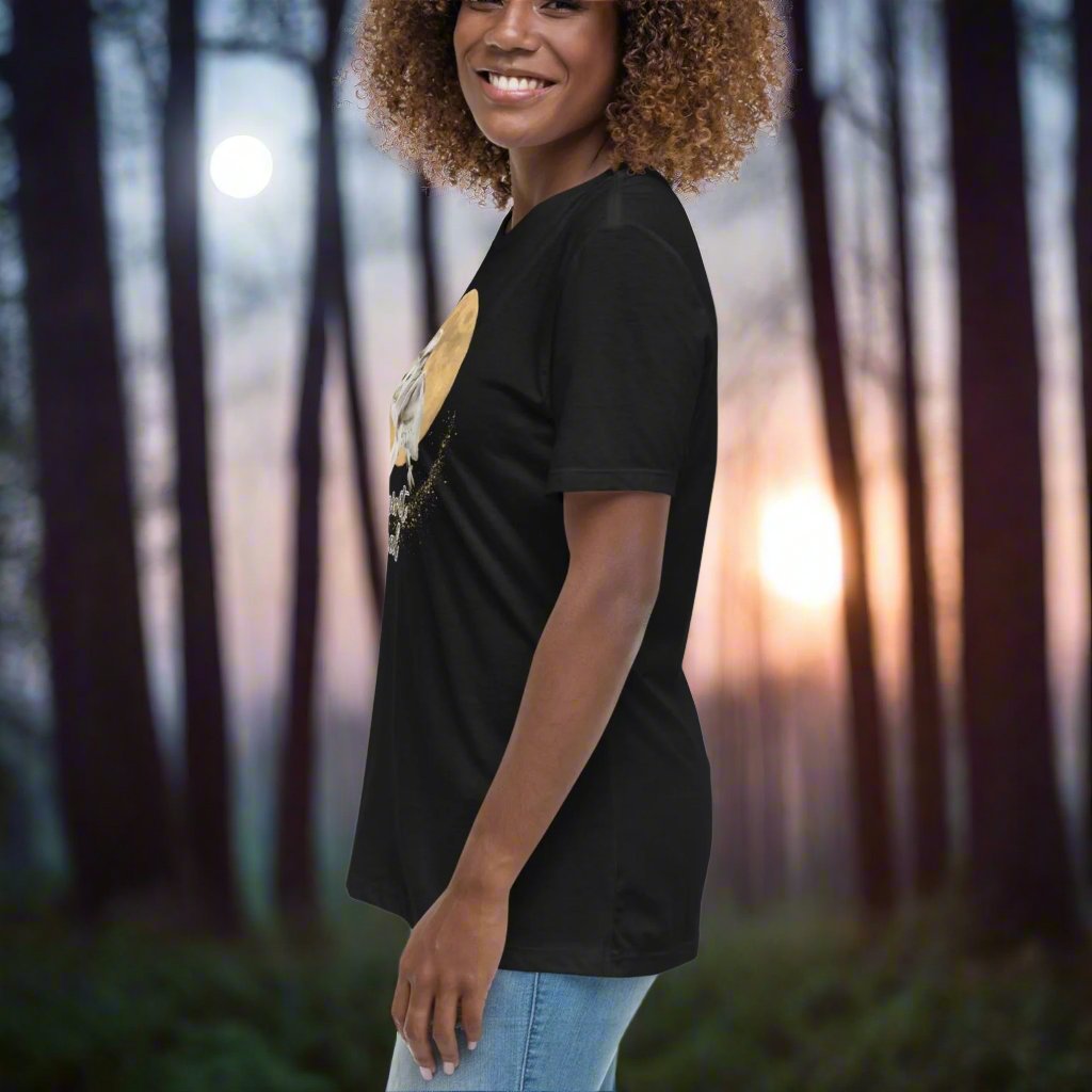 My spirit animal owl women's graphic t shirt, white owl flying against a harvest moon, left side view black tee, mythical accessories emporium