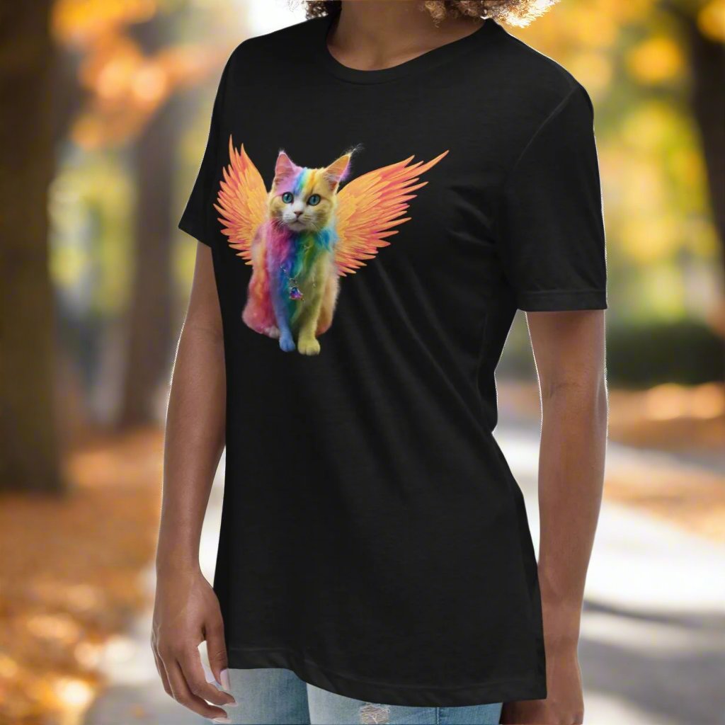 Black left Front View Women's T-Shirt Rainbow Colored Tie Dye Cat with bright orange gold wings. Pop Art Cat, Fantasy Art, Fairycore Cat TShirt gifts for cat lover and cat mom shirt, whimsical fantasy magic rainbow fairy cat