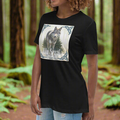 Wolf My Spirit Animal Women's T-Shirt. left Front view in black. A grey wolf gazes at you from the forest bordered in Celtic knots. Timber Wolf Graphic Tee Shamanic Totem Animal, Mythical Accessories Emporium.