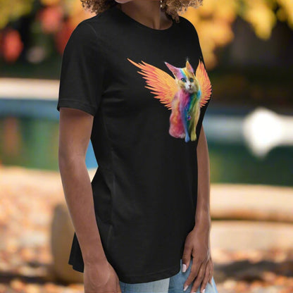 Black right Front View Women's T-Shirt Rainbow Colored Tie Dye Cat with bright orange gold wings. Pop Art Cat, Fantasy Art, Fairycore Cat TShirt gifts for cat lover and cat mom shirt, whimsical fantasy magic rainbow fairy cat