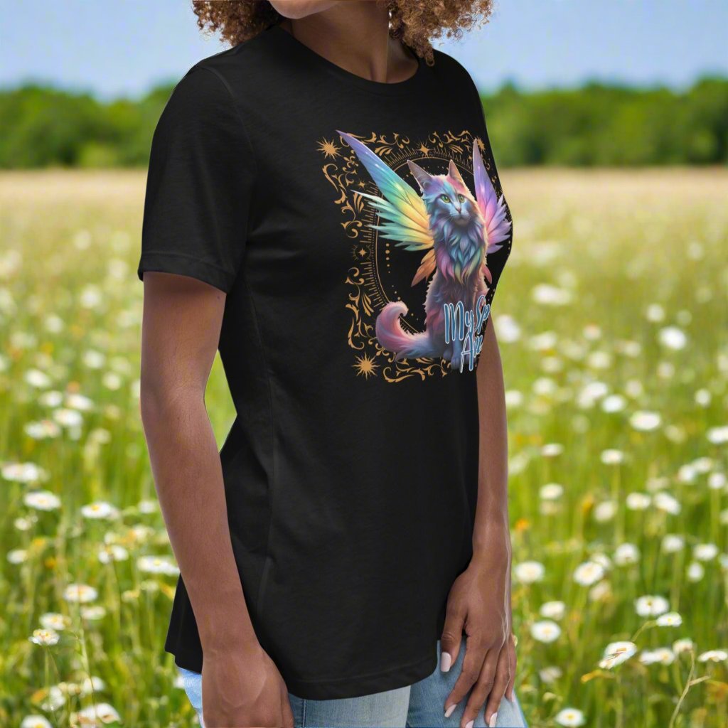 My Spirit Animal Fairy Cat Women's Graphic T-Shirt. right side view in black, Rainbow Fairy Cat wings spread behind her in various colors. Gold frame of magic symbols surround the fae cat. Text My Spirit Animal left side in blue.