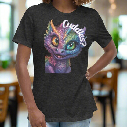 Dark Grey Heather Dragon Cuddles Front View Women's T-Shirt. Whimsical purple iridescent  dragon looking up at the word Cuddles? above his head