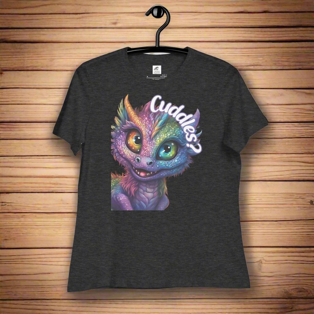 dark grey heather Dragon Cuddles Front View Women's T-Shirt. Whimsical purple iridescent  dragon looking up at the word Cuddles? above his head