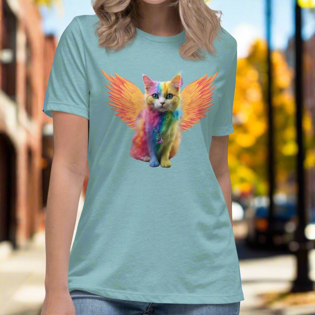 heather blue lagoon Front View Women's T-Shirt Rainbow Colored Tie Dye Cat with bright orange gold wings. Pop Art Cat, Fantasy Art, Fairycore Cat TShirt gifts for cat lover and cat mom shirt, whimsical fantasy magic rainbow fairy cat