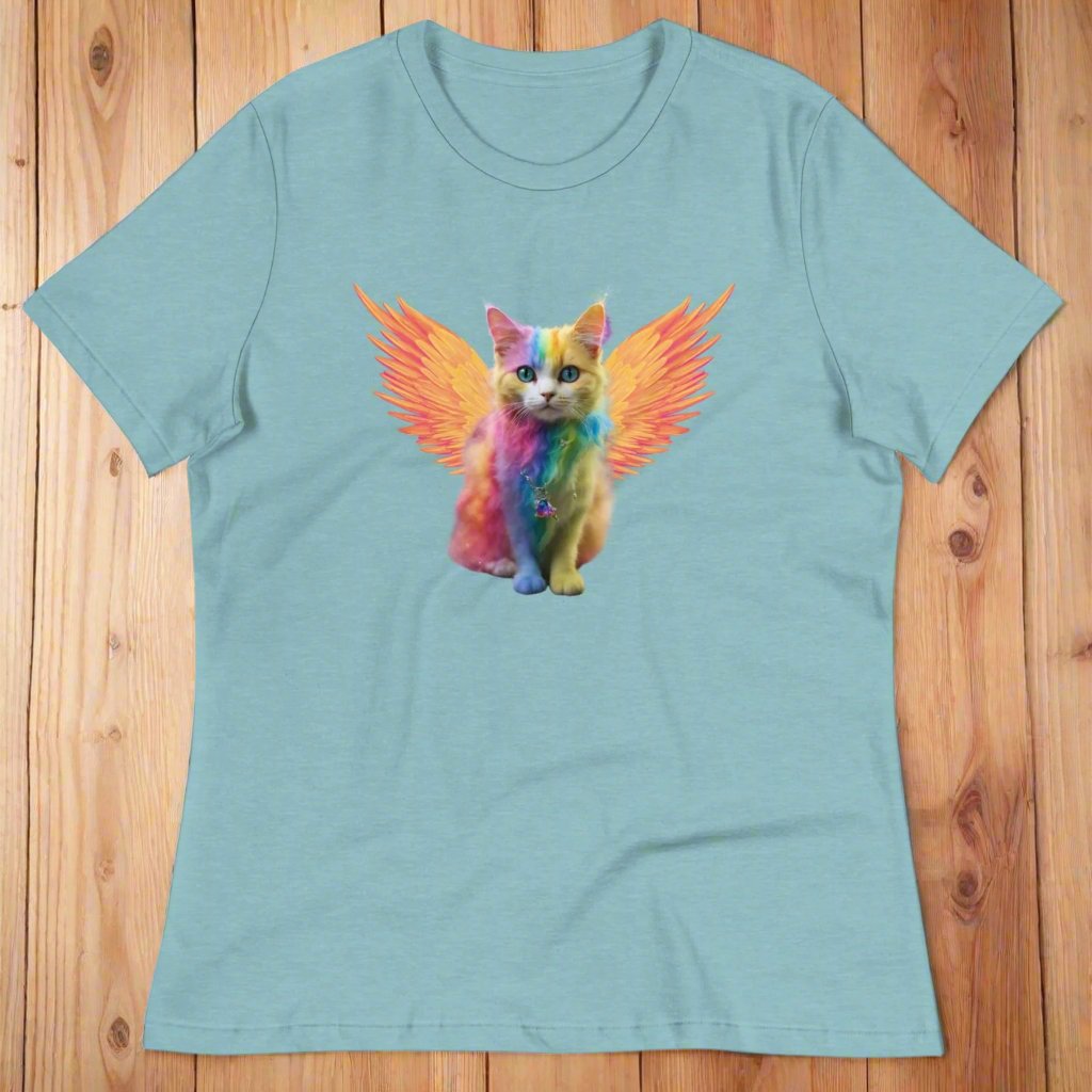 heather blue lagoon Front View Women's T-Shirt on a wooden surface, Rainbow Colored Tie Dye Cat with bright orange gold wings. Pop Art Cat, Fantasy Art, Fairycore Cat TShirt gifts for cat lover and cat mom shirt, whimsical fantasy magic rainbow fairy cat