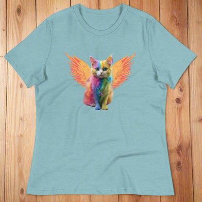 heather blue lagoon Front View Women's T-Shirt on a wooden surface, Rainbow Colored Tie Dye Cat with bright orange gold wings. Pop Art Cat, Fantasy Art, Fairycore Cat TShirt gifts for cat lover and cat mom shirt, whimsical fantasy magic rainbow fairy cat