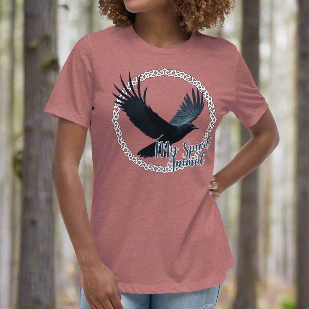 My Spirit Animal Raven Crow women's Graphic T-Shirt, Front View heather mauve Tee, Raven wings spread in a Celtic Knot circle above My Spirit Animal, Mythical Accessories Emporium