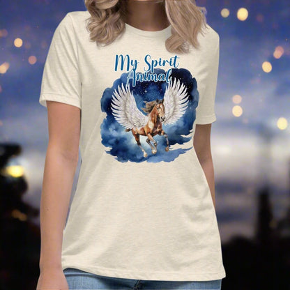 My Spirit Animal Women's Graphic Tee, Front view heather prism natural, Pegasus white feathered wings on a Pinto with a dark brown mane and tail, galloping through the sky against a background of clouds and stars. Mythical Accessories