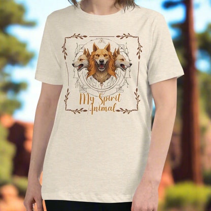 My Spirit Animal Cerberus Women's Graphic Tee, front View heather prism natural t shirt. A three headed guardian of the underworld in golden browns with jaws open to display canines. Below the hellhound is my spirit animal