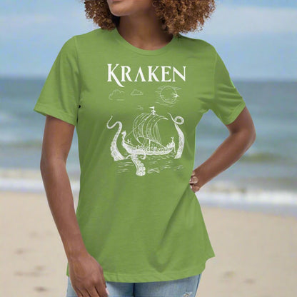 Leaf (green) Front View Women's T-Shirt. Kraken, night sky, Viking long ship surrounded by tentacles in the ocean. Viking Shirt.