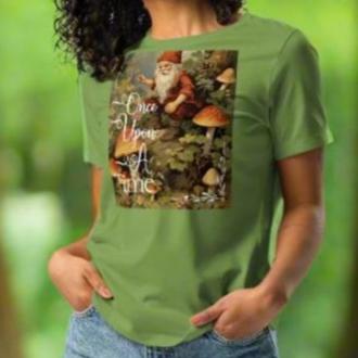 Front View of model wearing Leaf Green Women's T-Shirt Once Upon A Time Vintage GNOME TSHIRT