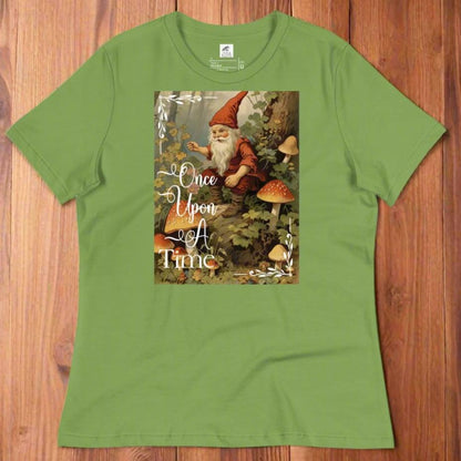 Flat Front View Leaf Green Women's Graphic T-Shirt, Once Upon A Time, Fantasy Vintage Boho FairyCore Gnome Sitting and Speaking Amidst a forest with mushrooms