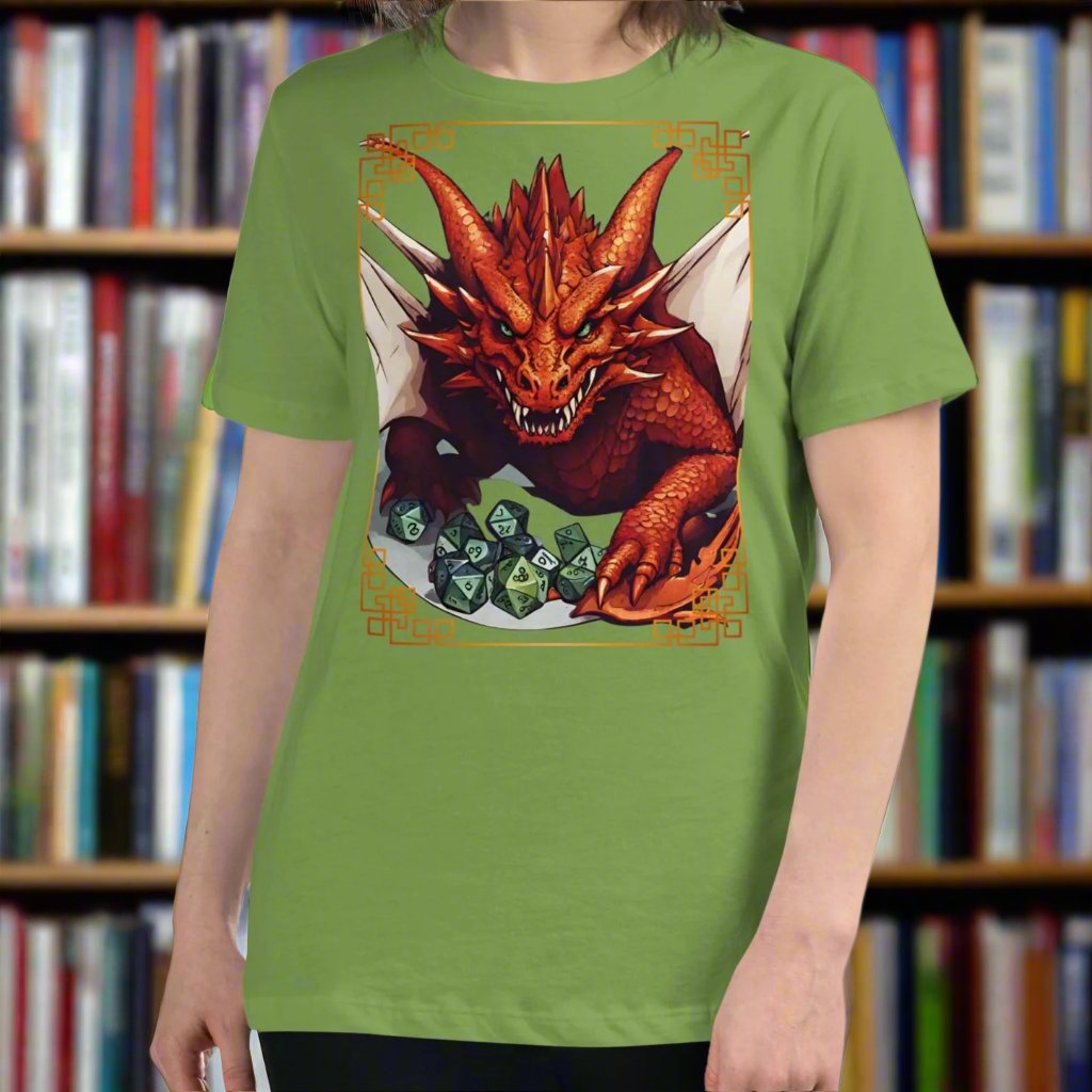 Leaf Green Front View Women's  T-Shirt. DND players gift for adventurers. Red Dragon, wings spread, stalking over a pile of D20 and other dice. RPG and Dungeons Masters