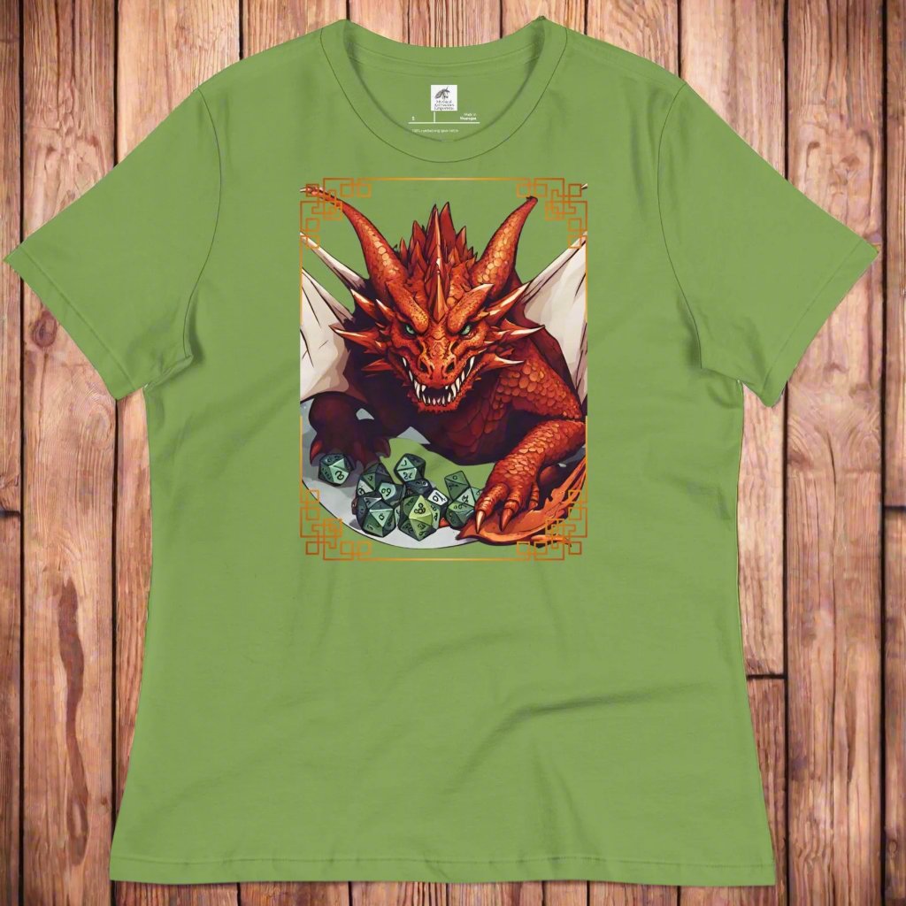 Leaf (green) Front View Women's  T-Shirt on a wooden surface. DND players gift for adventurers. Red Dragon, wings spread, stalking over a pile of D20 and other dice. RPG and Dungeons Masters