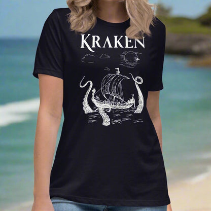 Navy Front View Women's T-Shirt. Kraken, night sky, Viking long ship surrounded by tentacles in the ocean. Viking Shirt.