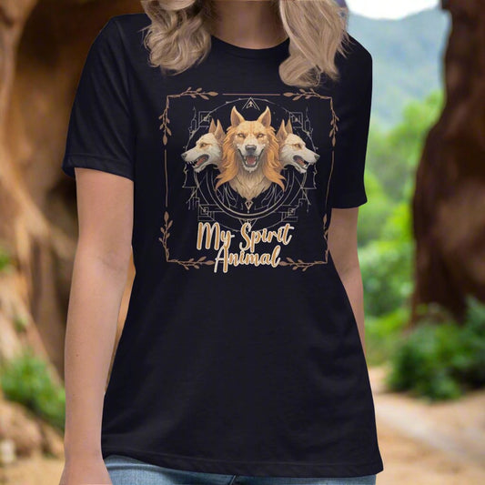 My Spirit Animal Cerberus Women's Graphic Tee, front View navy t shirt. A three headed guardian of the underworld in golden browns with jaws open to display canines. Below the hellhound is my spirit animal