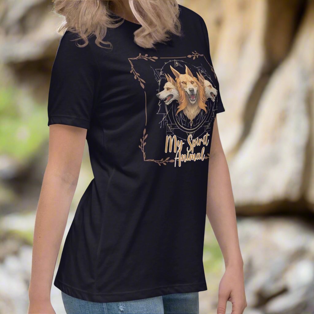 My Spirit Animal Cerberus Women's Graphic Tee, right side Viewnavy t shirt. A three headed guardian of the underworld in golden browns with jaws open to display canines. Below the hellhound is my spirit animal