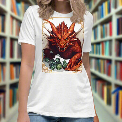 White Front View Women's  T-Shirt. DND players gift for adventurers. Red Dragon, wings spread, stalking over a pile of D20 and other dice. RPG and Dungeons Masters