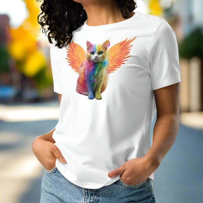 white Front View Women's T-Shirt Rainbow Colored Tie Dye Cat with bright orange gold wings. Pop Art Cat, Fantasy Art, Fairycore Cat TShirt gifts for cat lover and cat mom shirt, whimsical fantasy magic rainbow fairy cat