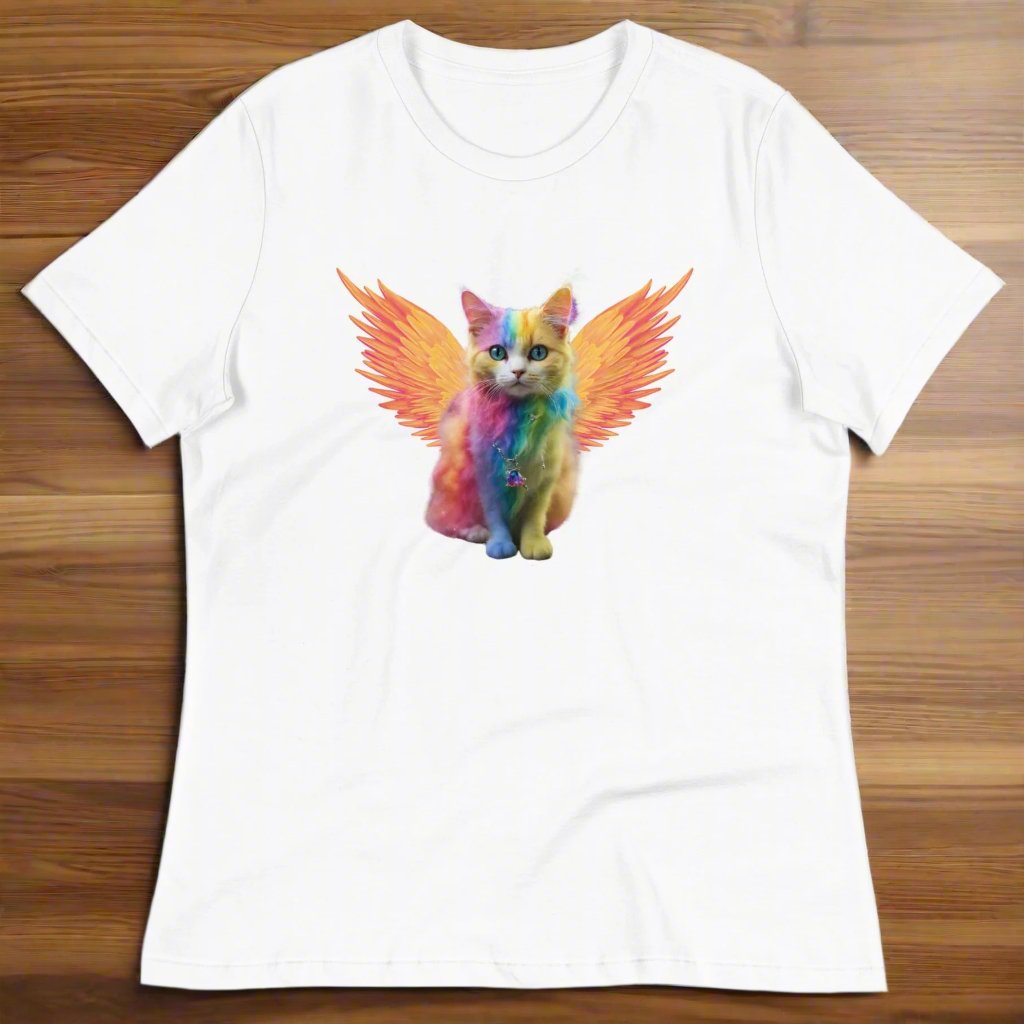 white Front View Women's T-Shirt on a wooden surface, Rainbow Colored Tie Dye Cat with bright orange gold wings. Pop Art Cat, Fantasy Art, Fairycore Cat TShirt gifts for cat lover and cat mom shirt, whimsical fantasy magic rainbow fairy cat