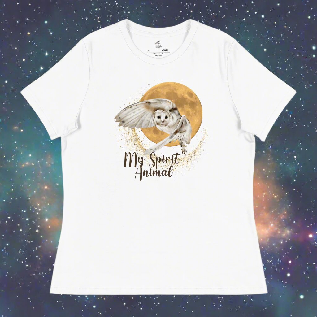 My spirit animal owl women's graphic t shirt, white owl flying against a harvest moon, front view flat white tee, mythical accessories emporium