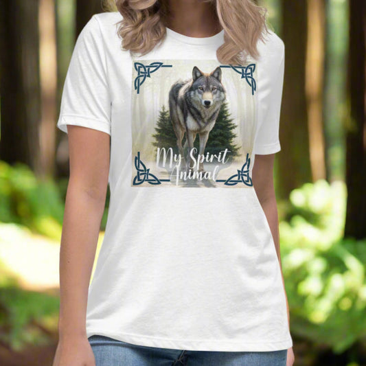 Wolf My Spirit Animal Women's T-Shirt. Front view in white. A grey wolf gazes at you from the forest bordered in Celtic knots. Timber Wolf Graphic Tee Shamanic Totem Animal, Mythical Accessories Emporium.