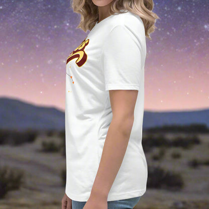 Woman wearing a white t-shirt facing to the left side. You can see this side of the sleeve and seam going down the side of the shirt under arm. Aries constellation zodiac astrology sign.
