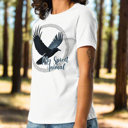 My Spirit Animal Raven Crow women's Graphic T-Shirt, Front View white Tee, Raven wings spread in a Celtic Knot circle above My Spirit Animal, Mythical Accessories Emporium